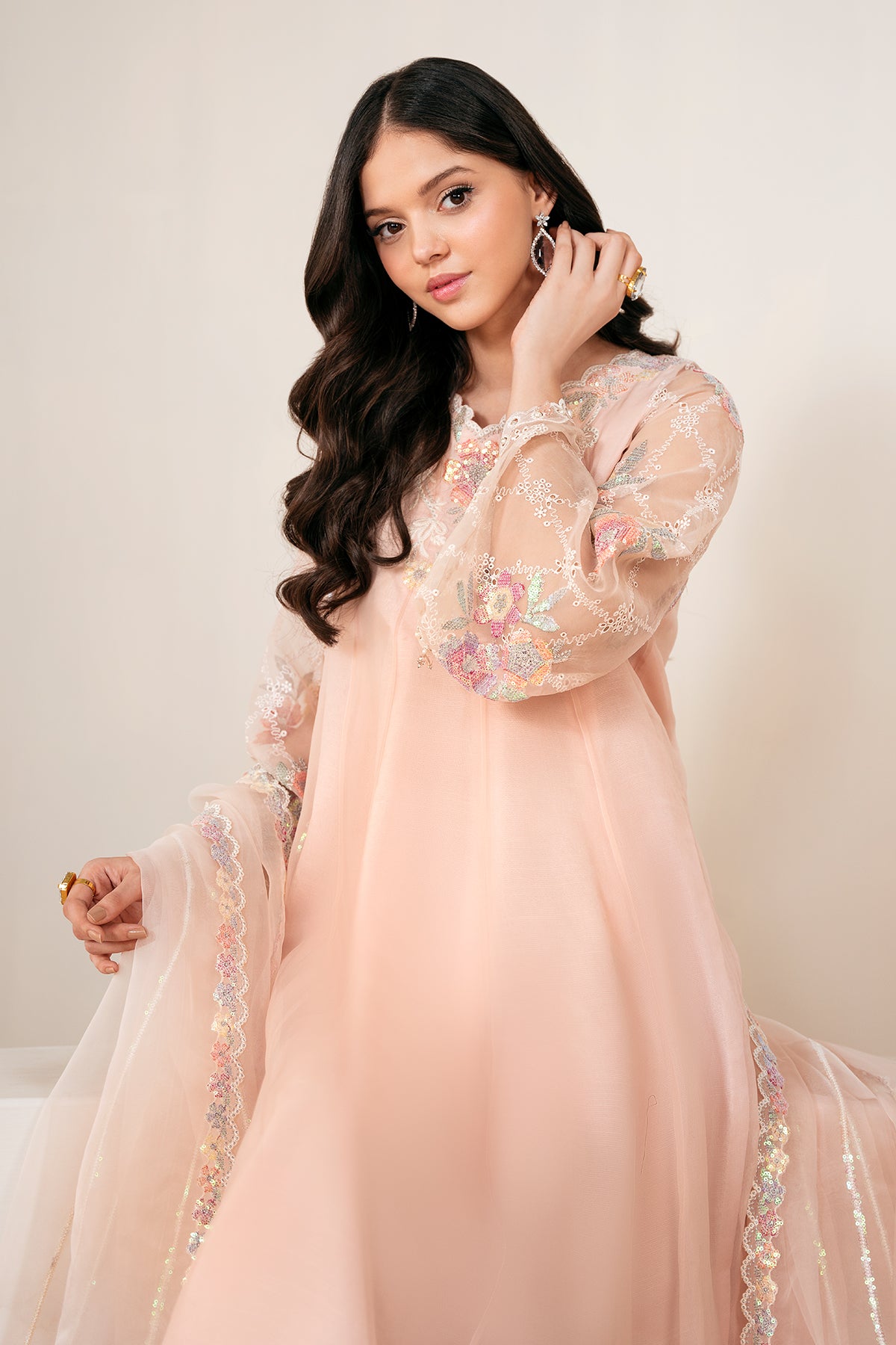 Peach Embroidered Chiffon Kalidar Dress (3-Piece) - Image 4
