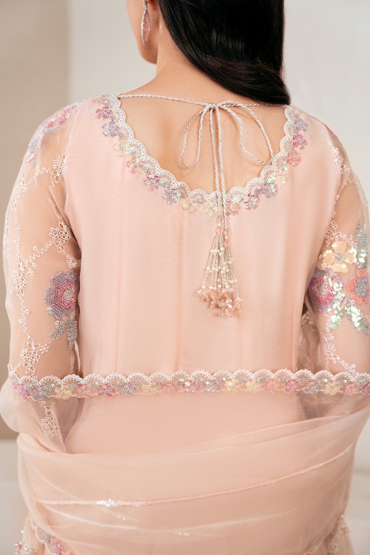 Peach Embroidered Chiffon Kalidar Dress (3-Piece) - Image 5