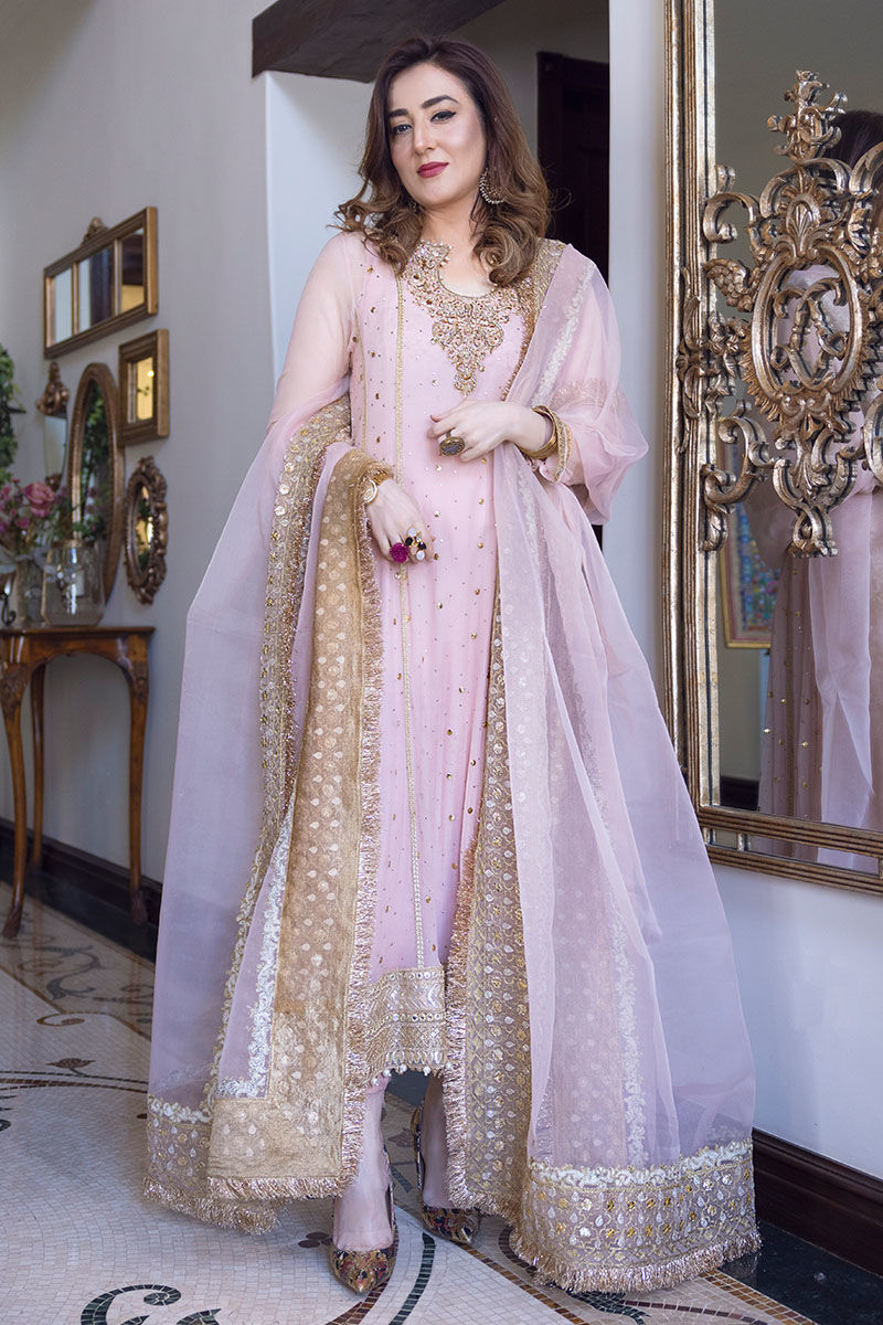 Pakistani Pastel Pink Embroidered Chiffon Kalidaar (3-Piece) - Image 1