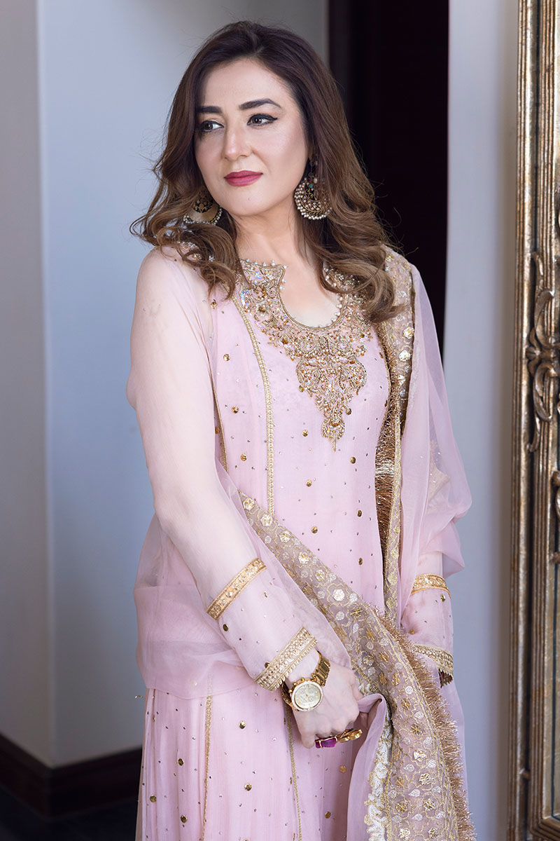 Pakistani Pastel Pink Embroidered Chiffon Kalidaar (3-Piece) - Image 2
