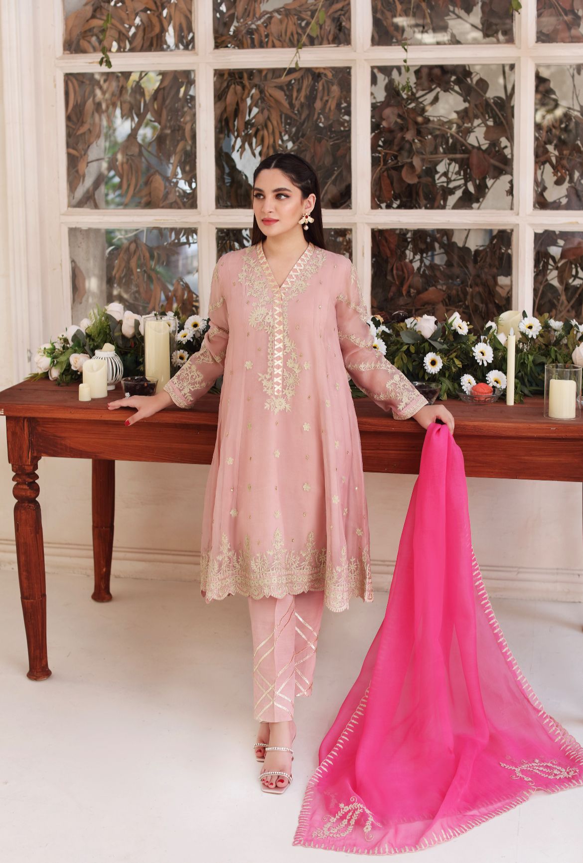 Tea Pink Ari Embroidered Cotton Net Kalidaar (3-Piece) - Image 1