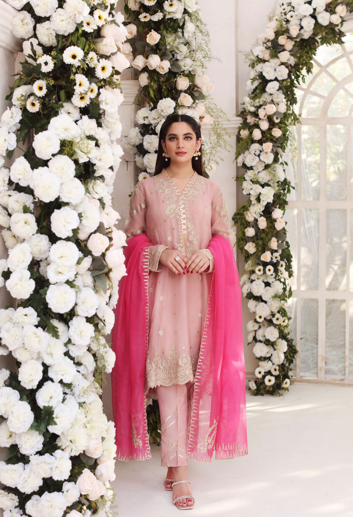 Tea Pink Ari Embroidered Cotton Net Kalidaar (3-Piece) - Image 3