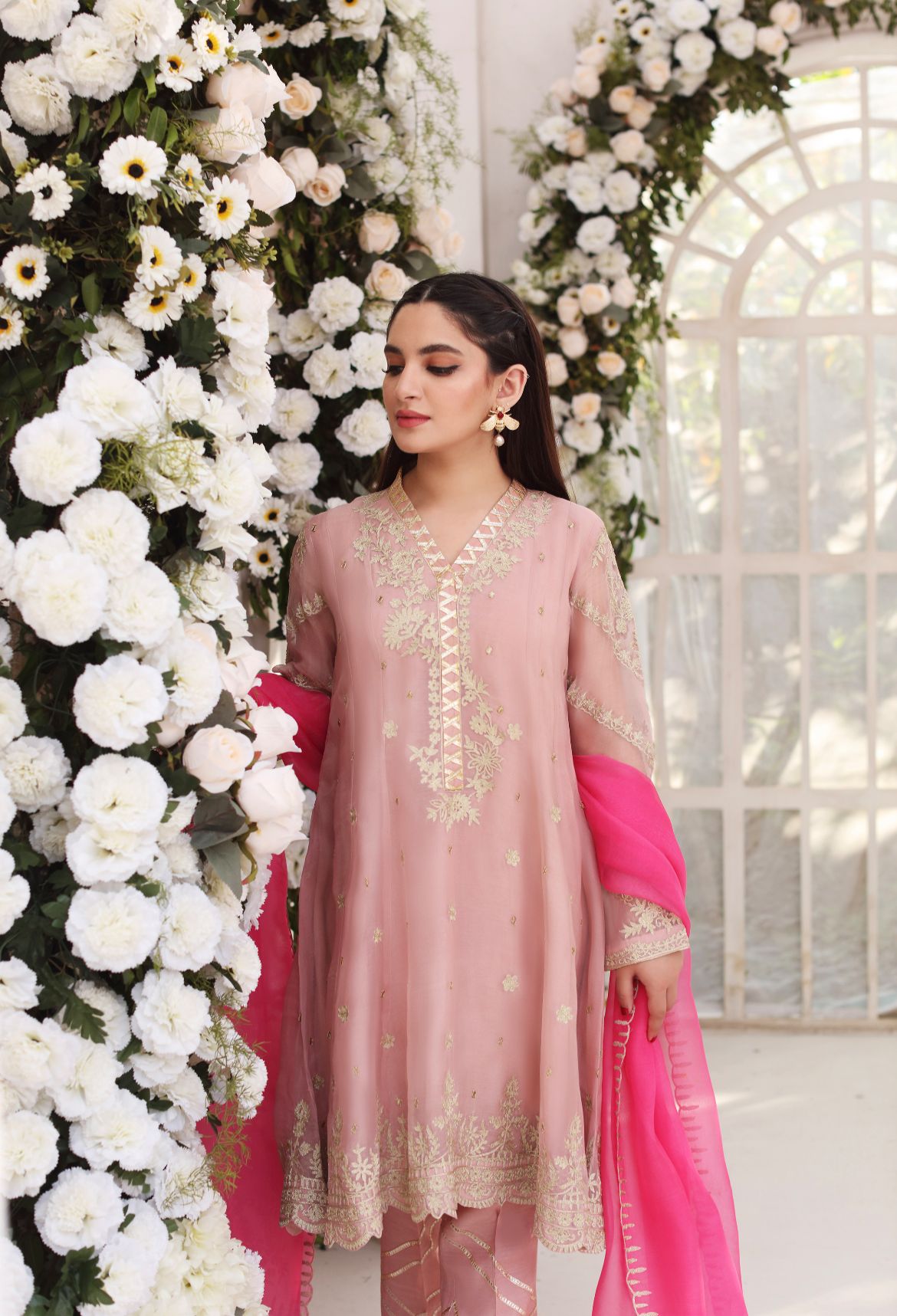 Tea Pink Ari Embroidered Cotton Net Kalidaar (3-Piece) - Image 4