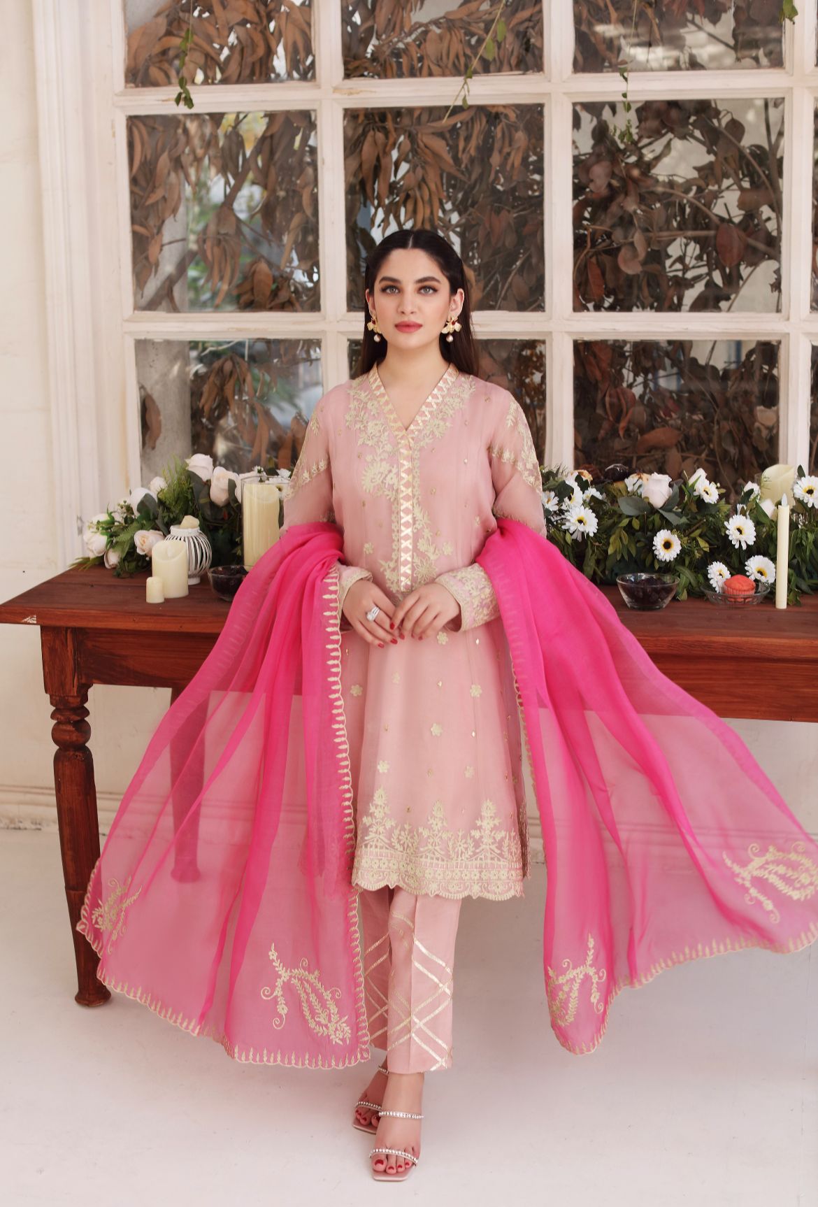 Tea Pink Ari Embroidered Cotton Net Kalidaar (3-Piece) - Image 5