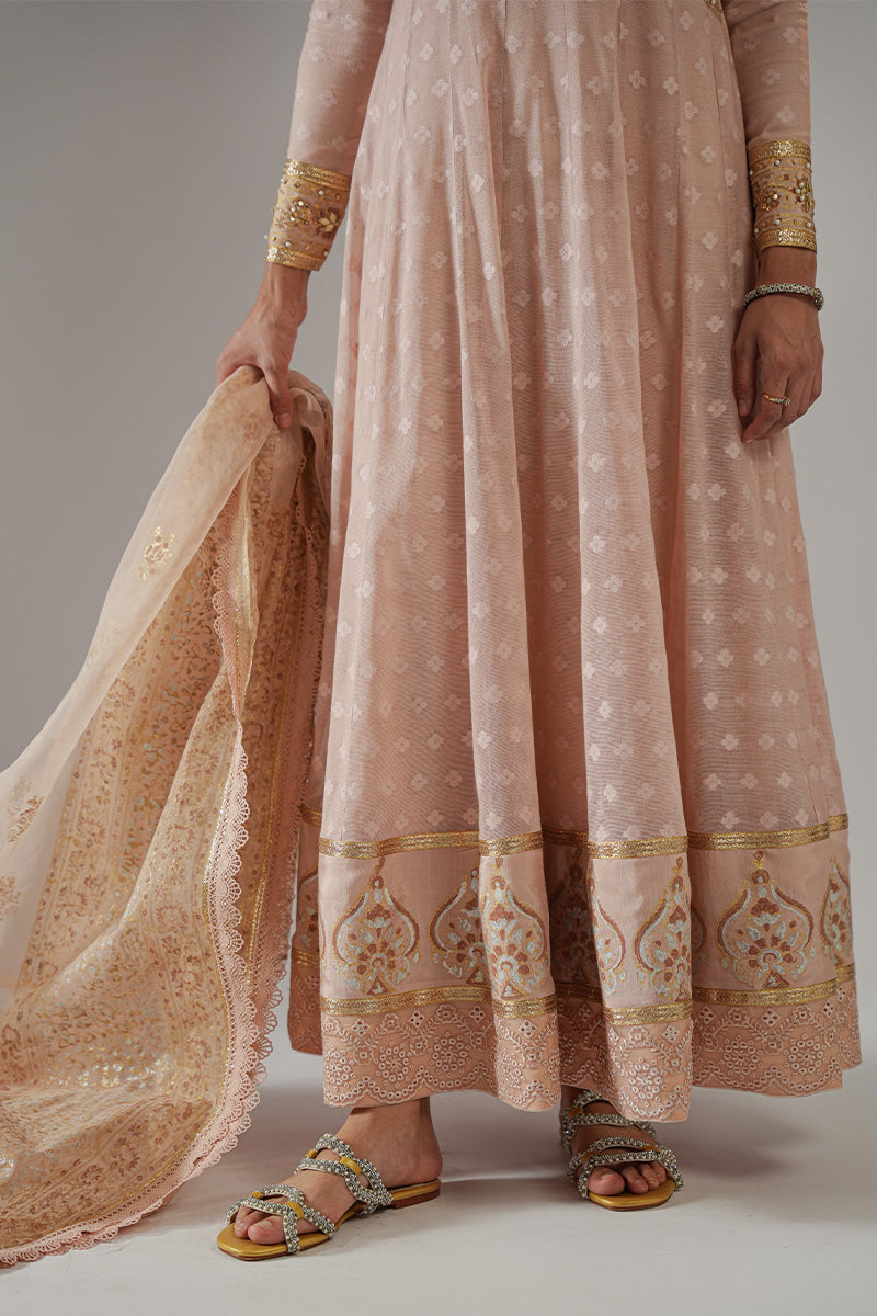 Nude Pink Blockprinted Cotton Net Kalidar (2-Piece) - Image 7