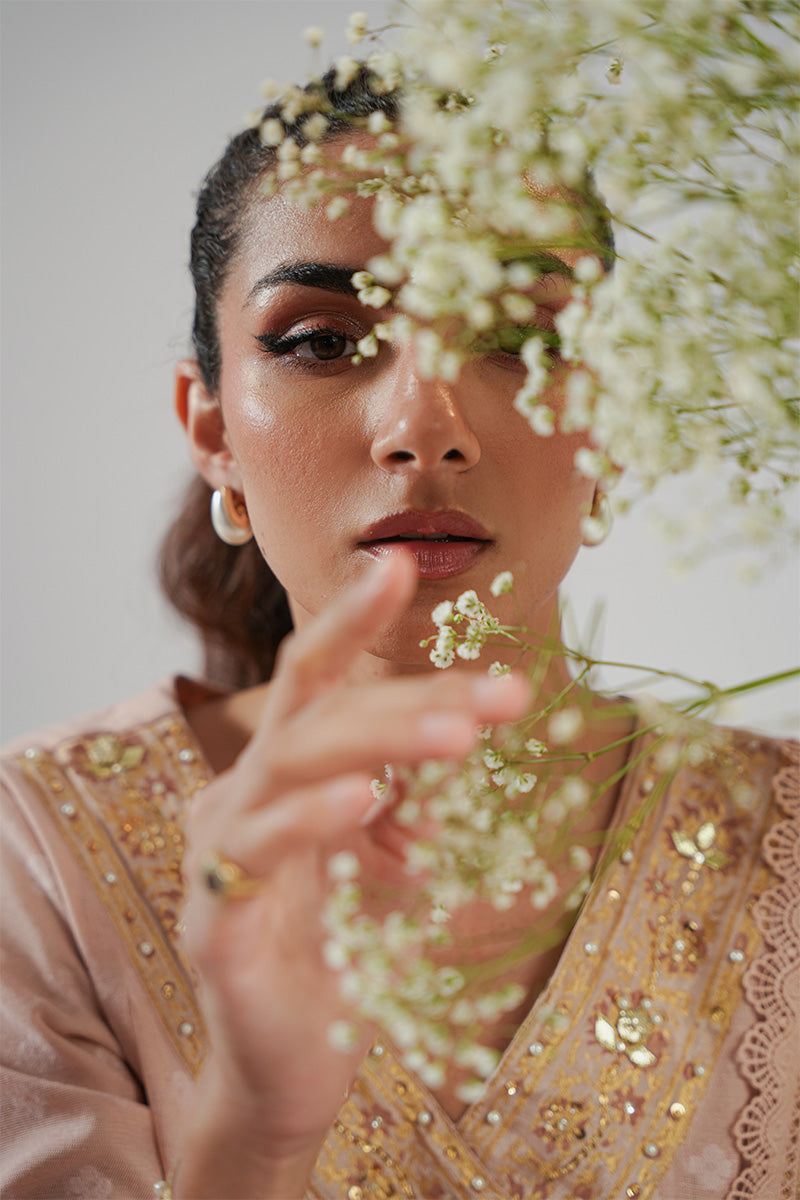 Nude Pink Blockprinted Cotton Net Kalidar (2-Piece) - Image 9