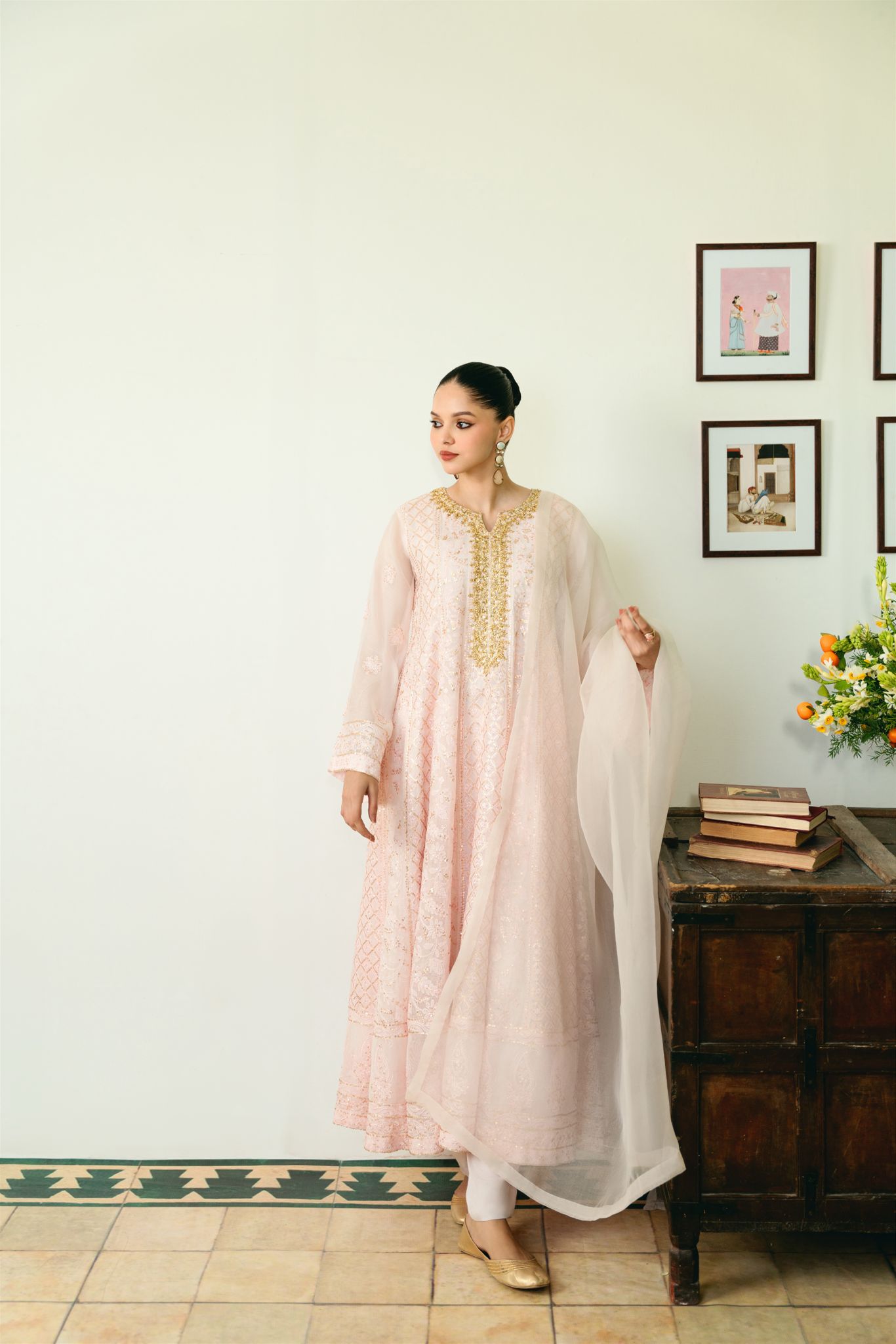 Pastel Pink Chikankari Cotton Net Kalidaar (3-Piece) - Image 1