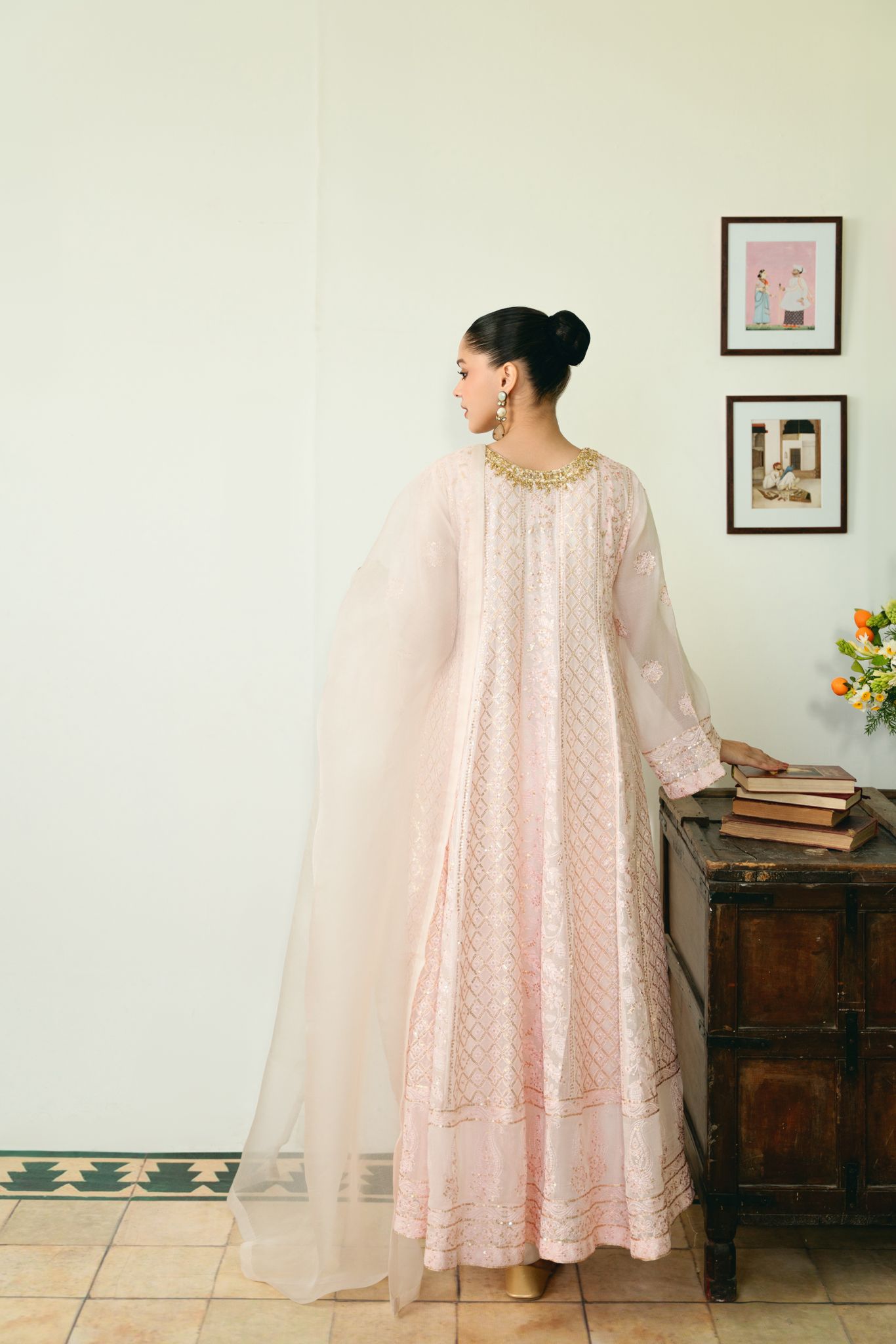 Pastel Pink Chikankari Cotton Net Kalidaar (3-Piece) - Image 2
