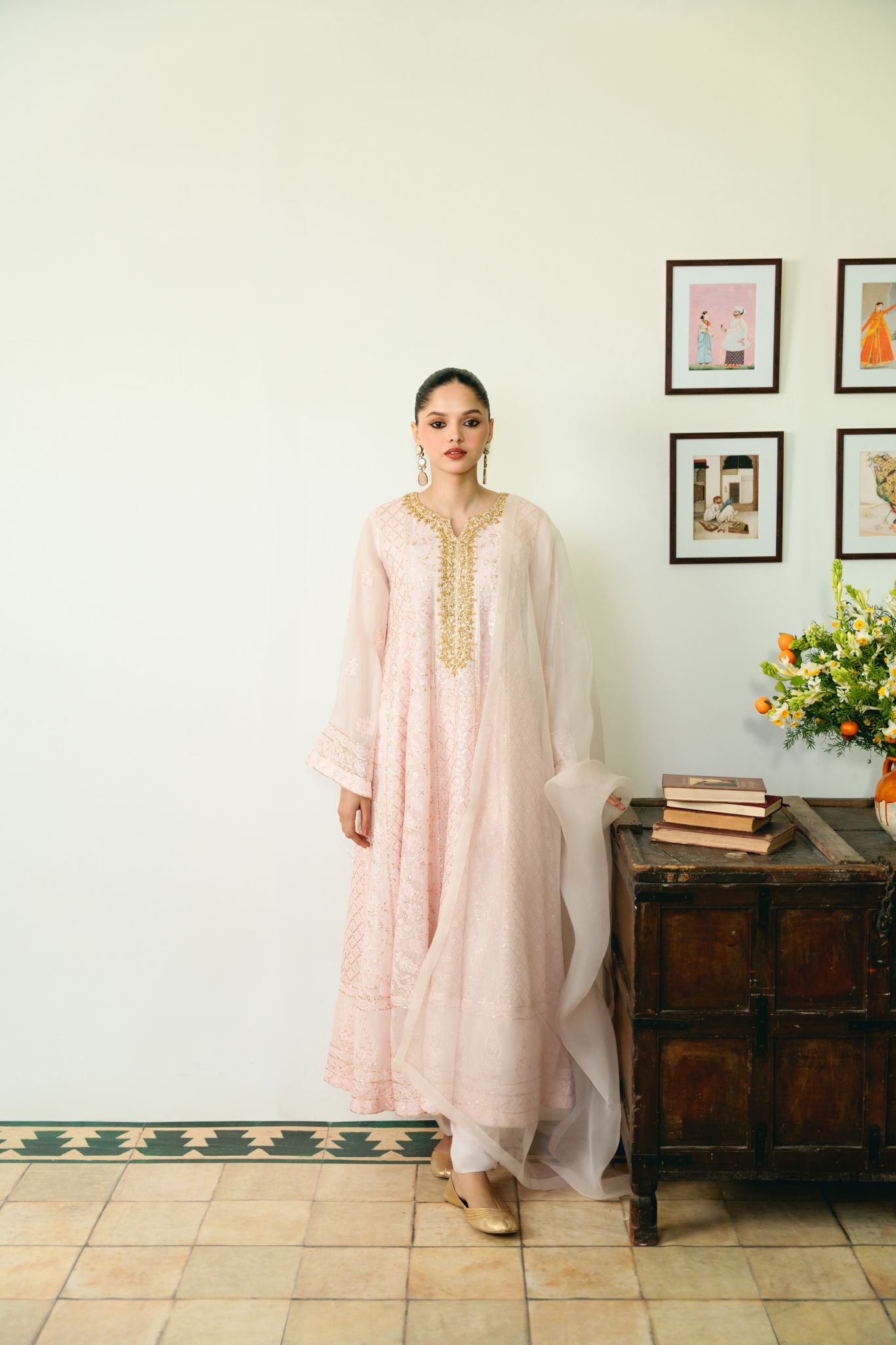 Pastel Pink Chikankari Cotton Net Kalidaar (3-Piece) - Image 3