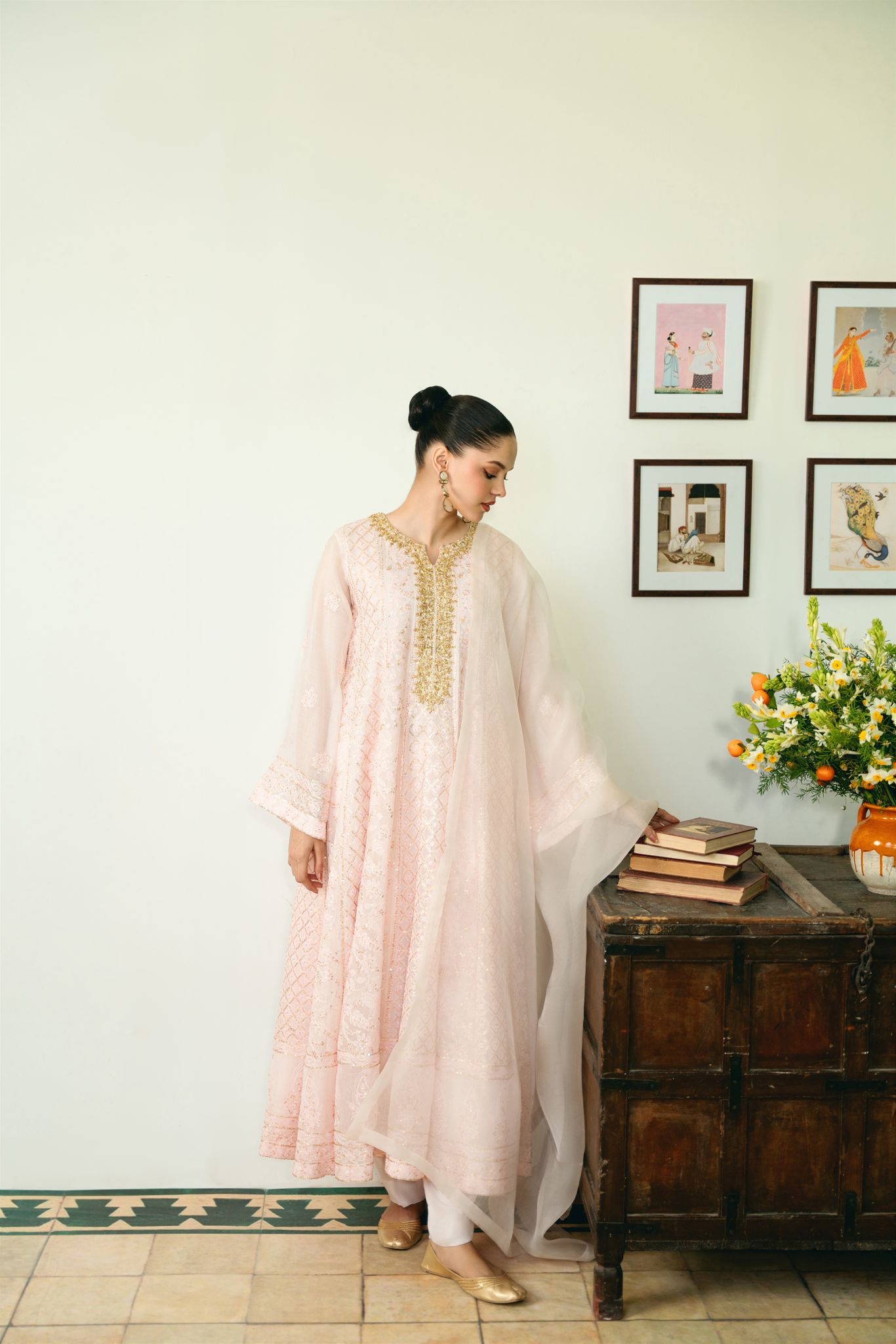 Pastel Pink Chikankari Cotton Net Kalidaar (3-Piece) - Image 4