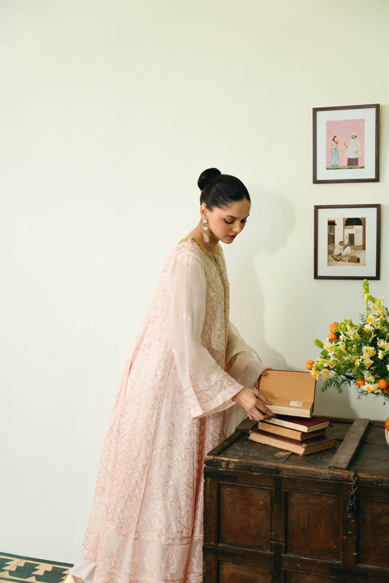 Pastel Pink Chikankari Cotton Net Kalidaar (3-Piece) - Image 5