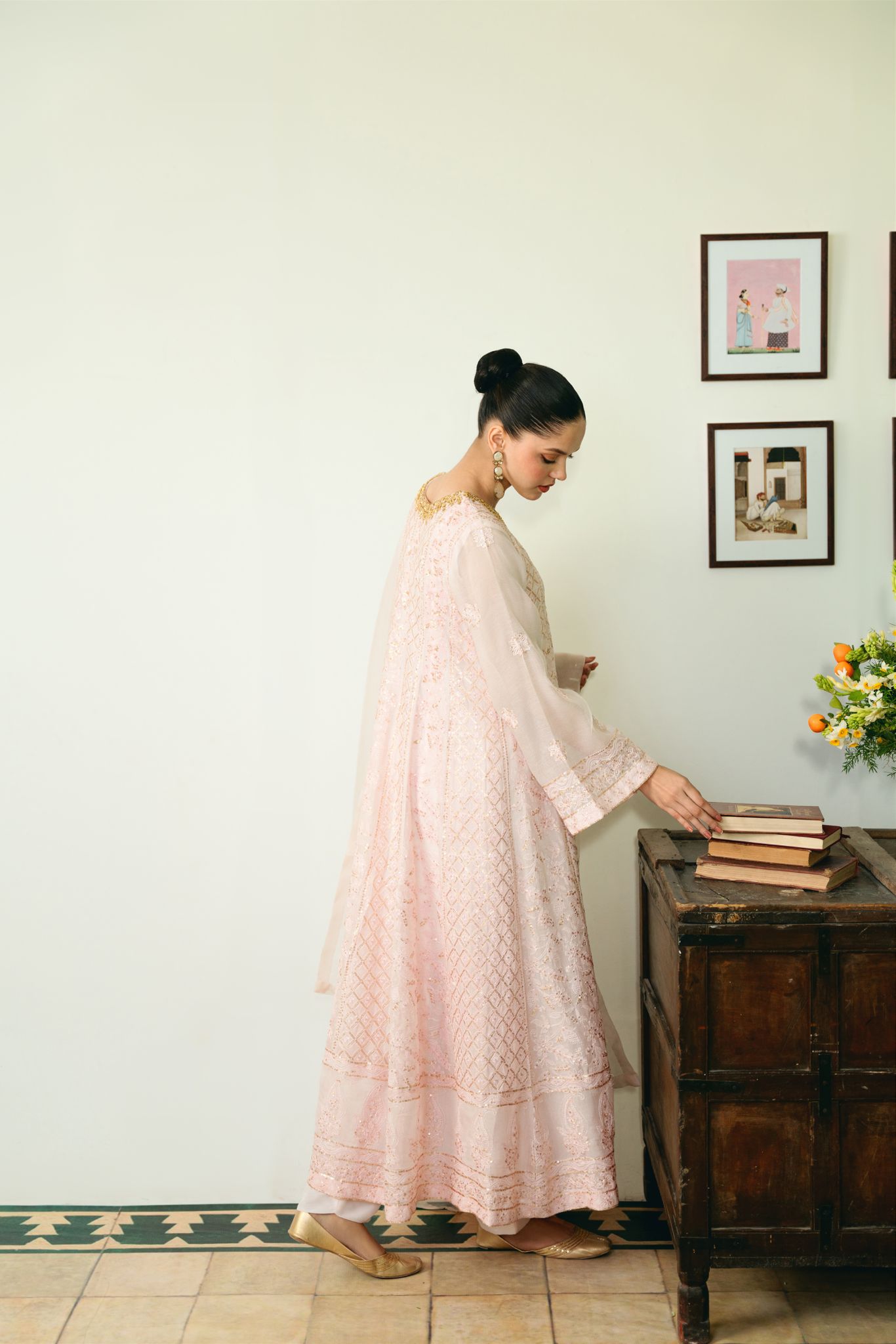 Pastel Pink Chikankari Cotton Net Kalidaar (3-Piece) - Image 6