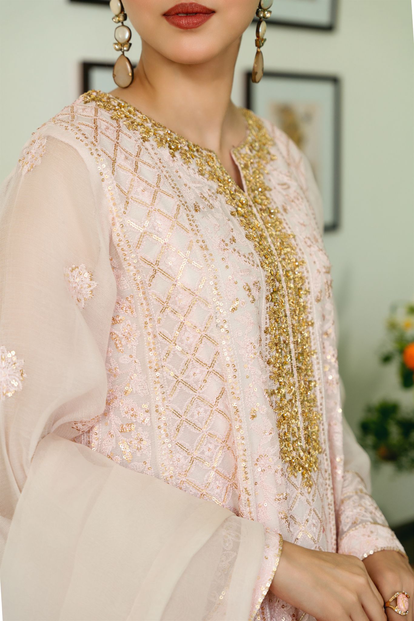 Pastel Pink Chikankari Cotton Net Kalidaar (3-Piece) - Image 7