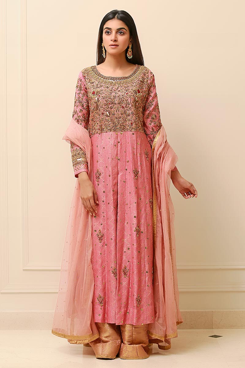 Melon Pink Embroidered Cotton Net Kalidar (3-Piece) - Image 1