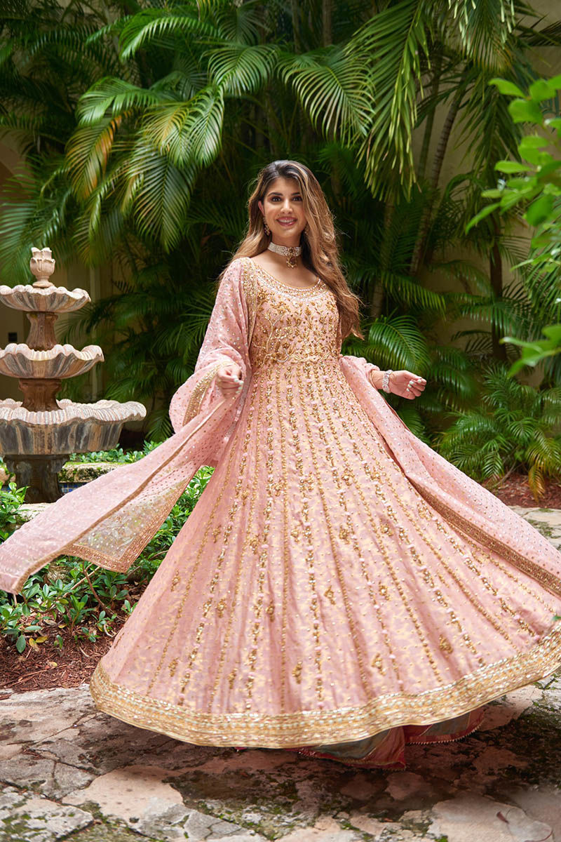 Pakistani Salmon Pink Embroidered Cotton Net Kalidar (3-Piece) - Image 3