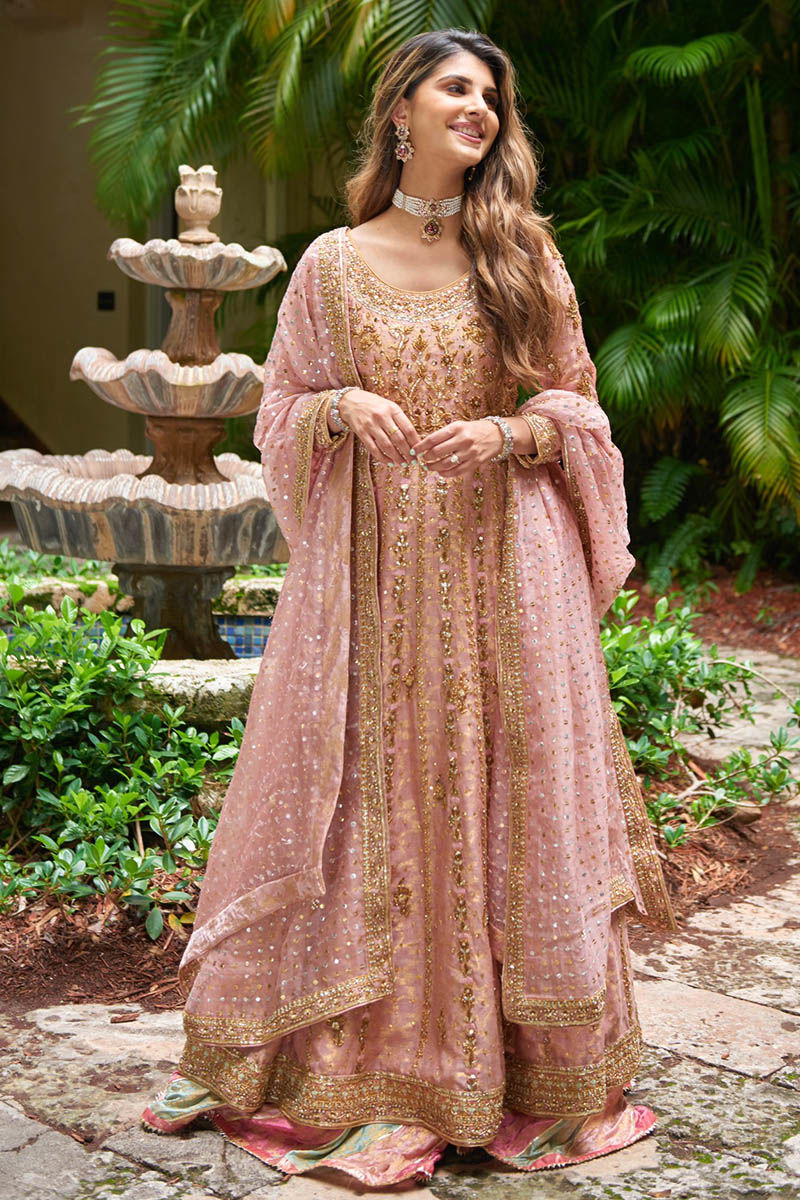 Pakistani Salmon Pink Embroidered Cotton Net Kalidar (3-Piece) - Image 4