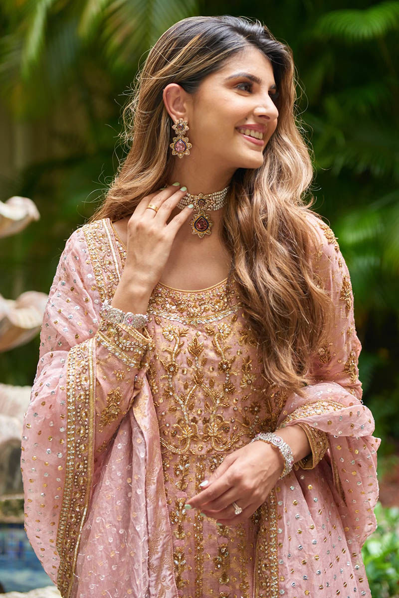 Pakistani Salmon Pink Embroidered Cotton Net Kalidar (3-Piece) - Image 5