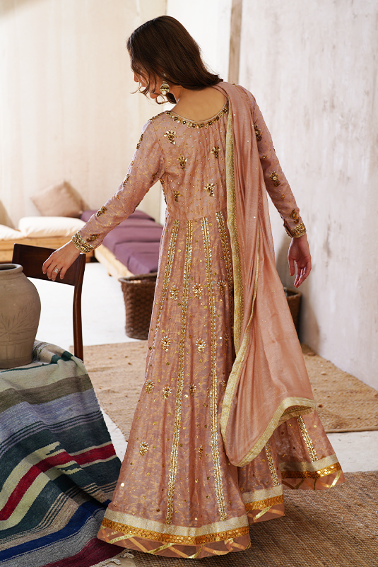 Pakistani Nude Pink Hand Embellished Cotton Net Kalidaar (3-Piece) - Image 1