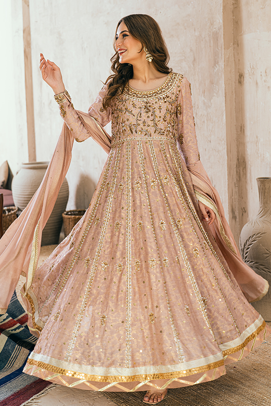 Pakistani Nude Pink Hand Embellished Cotton Net Kalidaar (3-Piece) - Image 2