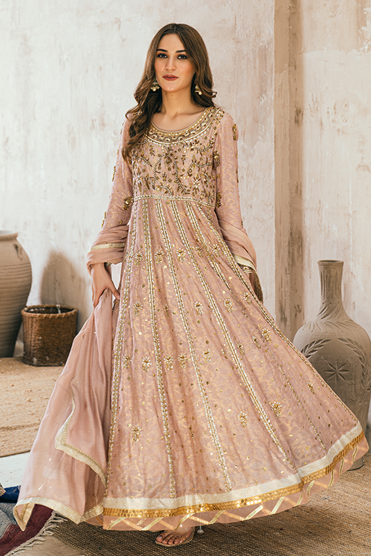 Pakistani Nude Pink Hand Embellished Cotton Net Kalidaar (3-Piece) - Image 3