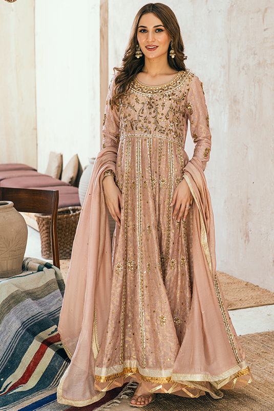 Pakistani Nude Pink Hand Embellished Cotton Net Kalidaar (3-Piece) - Image 4