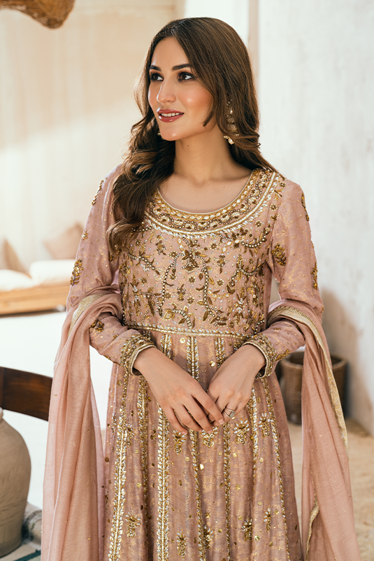 Pakistani Nude Pink Hand Embellished Cotton Net Kalidaar (3-Piece) - Image 5