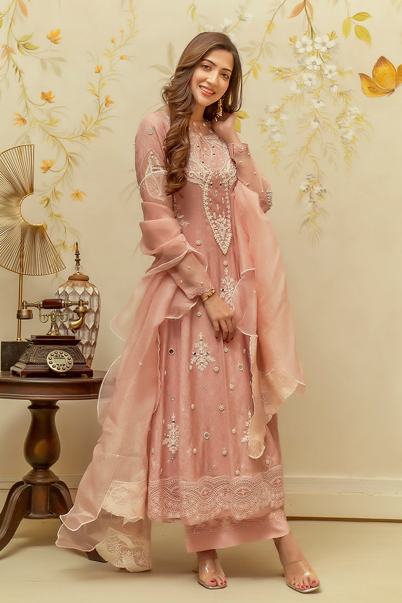 Salmon Pink Embroidered Cotton Net Kalidar (3-Piece) - Image 1