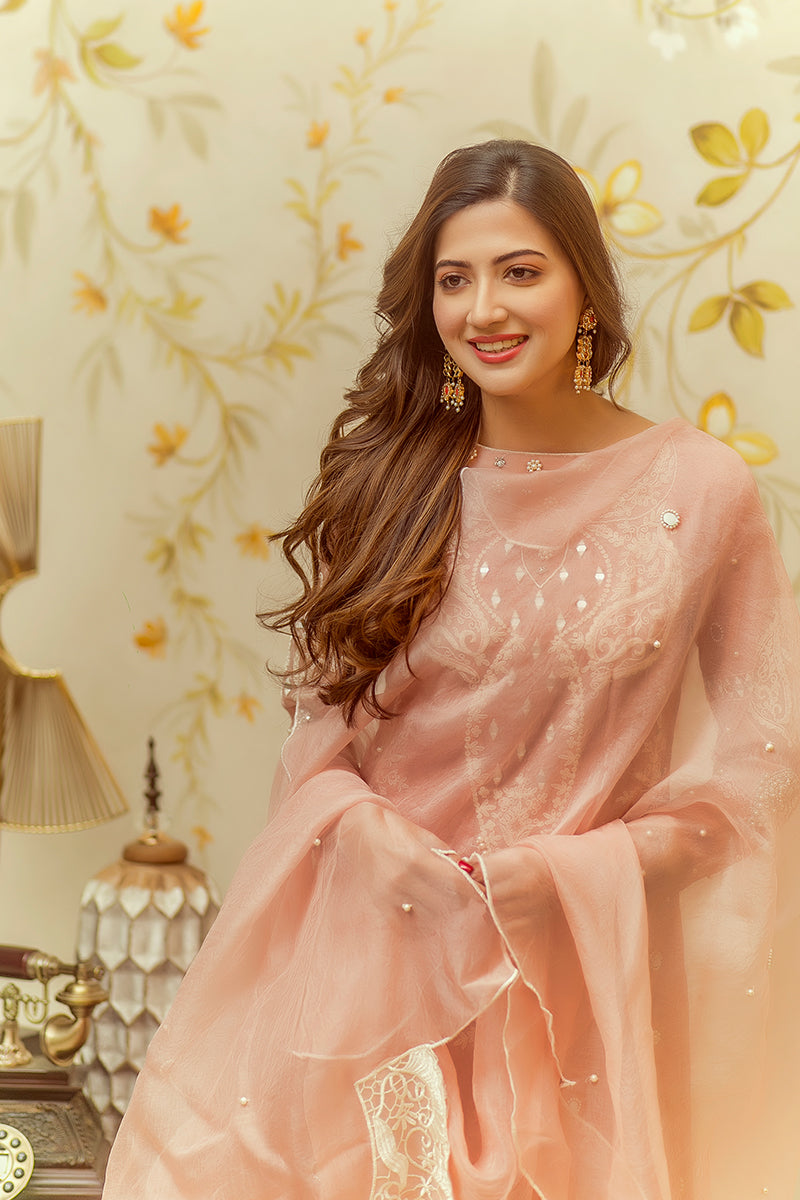 Salmon Pink Embroidered Cotton Net Kalidar (3-Piece) - Image 3