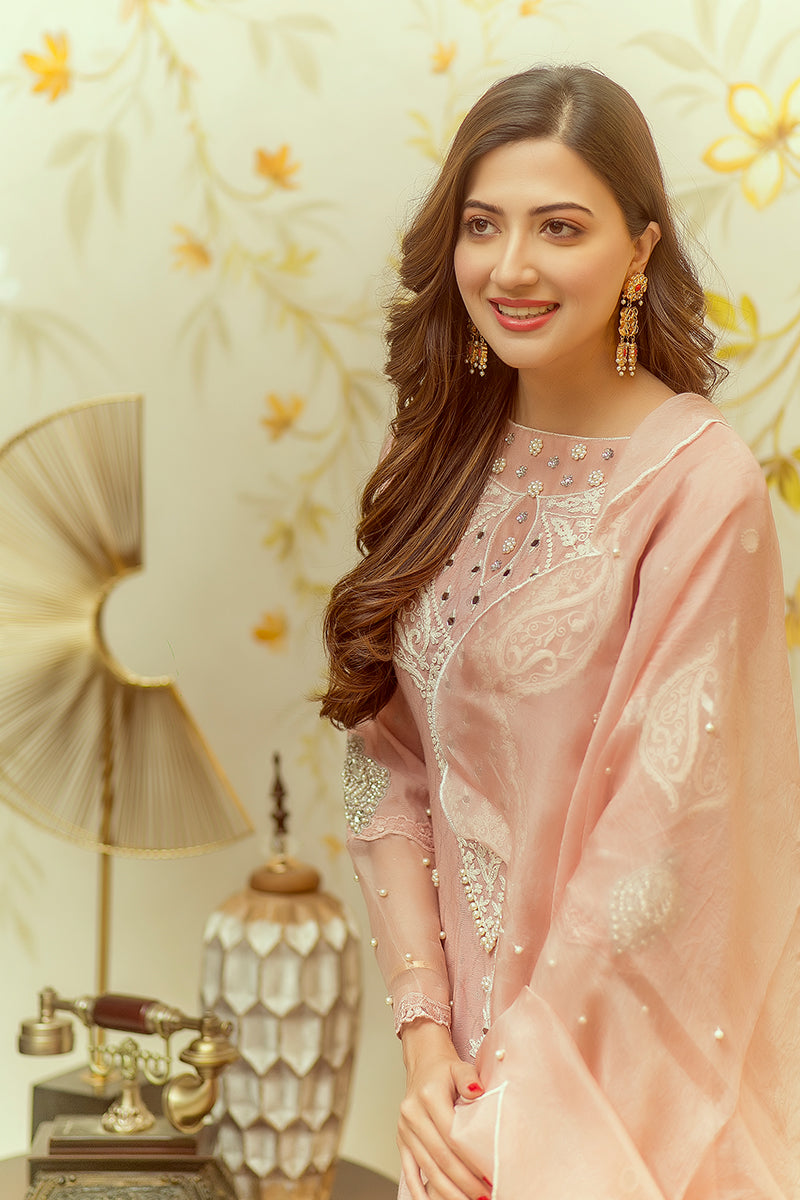 Salmon Pink Embroidered Cotton Net Kalidar (3-Piece) - Image 4