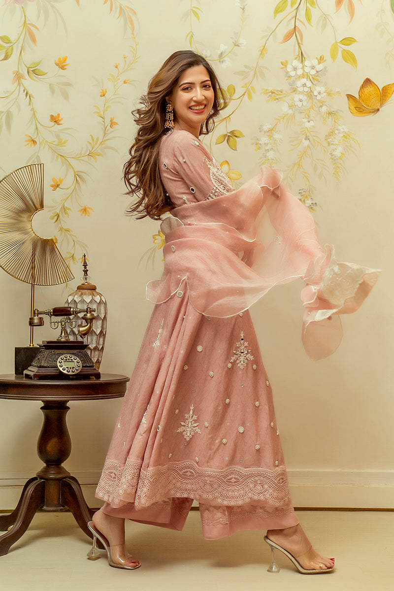 Salmon Pink Embroidered Cotton Net Kalidar (3-Piece) - Image 5