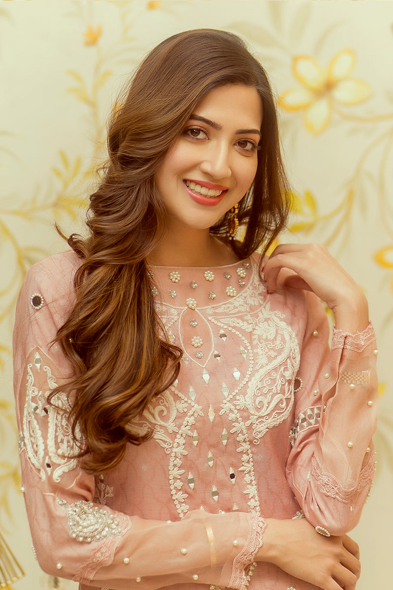 Salmon Pink Embroidered Cotton Net Kalidar (3-Piece) - Image 6