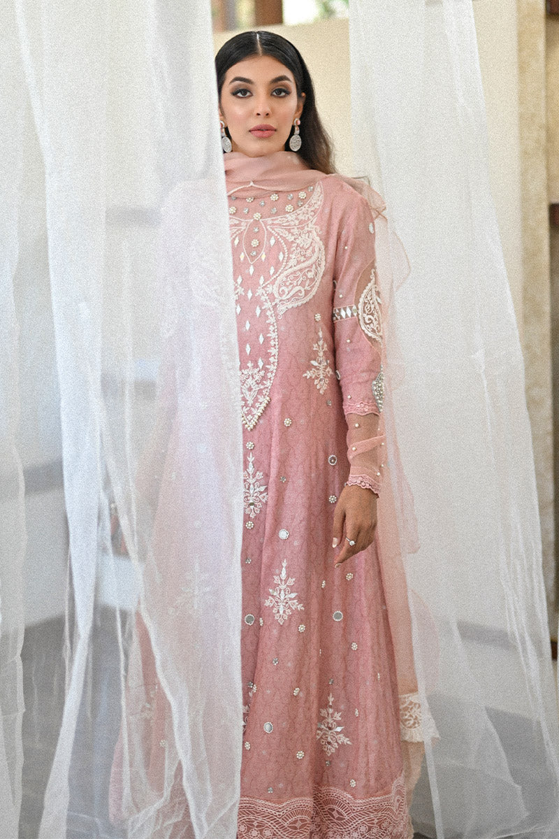Salmon Pink Mirror Embroidered Cotton Net Kalidar (3-Piece) - Image 1