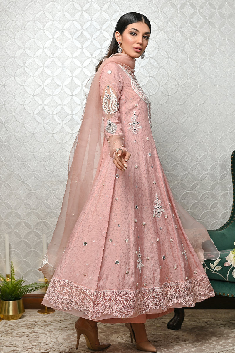 Salmon Pink Mirror Embroidered Cotton Net Kalidar (3-Piece) - Image 2