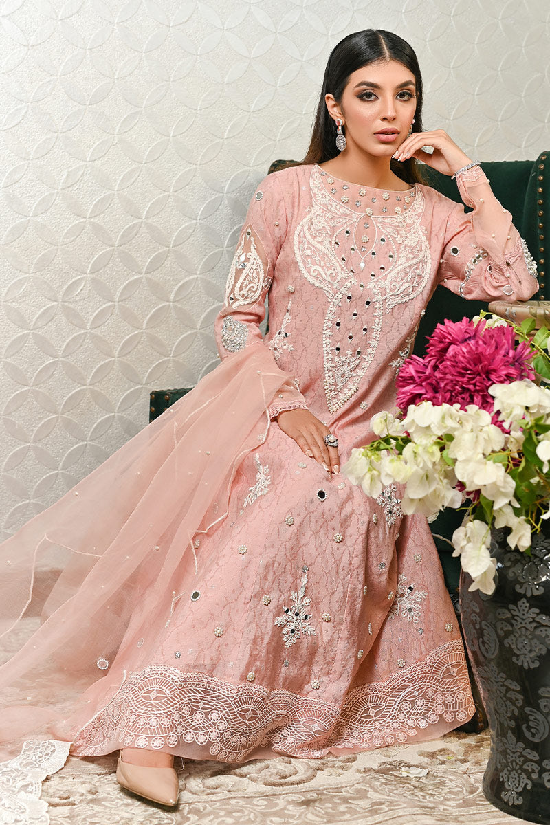 Salmon Pink Mirror Embroidered Cotton Net Kalidar (3-Piece) - Image 4