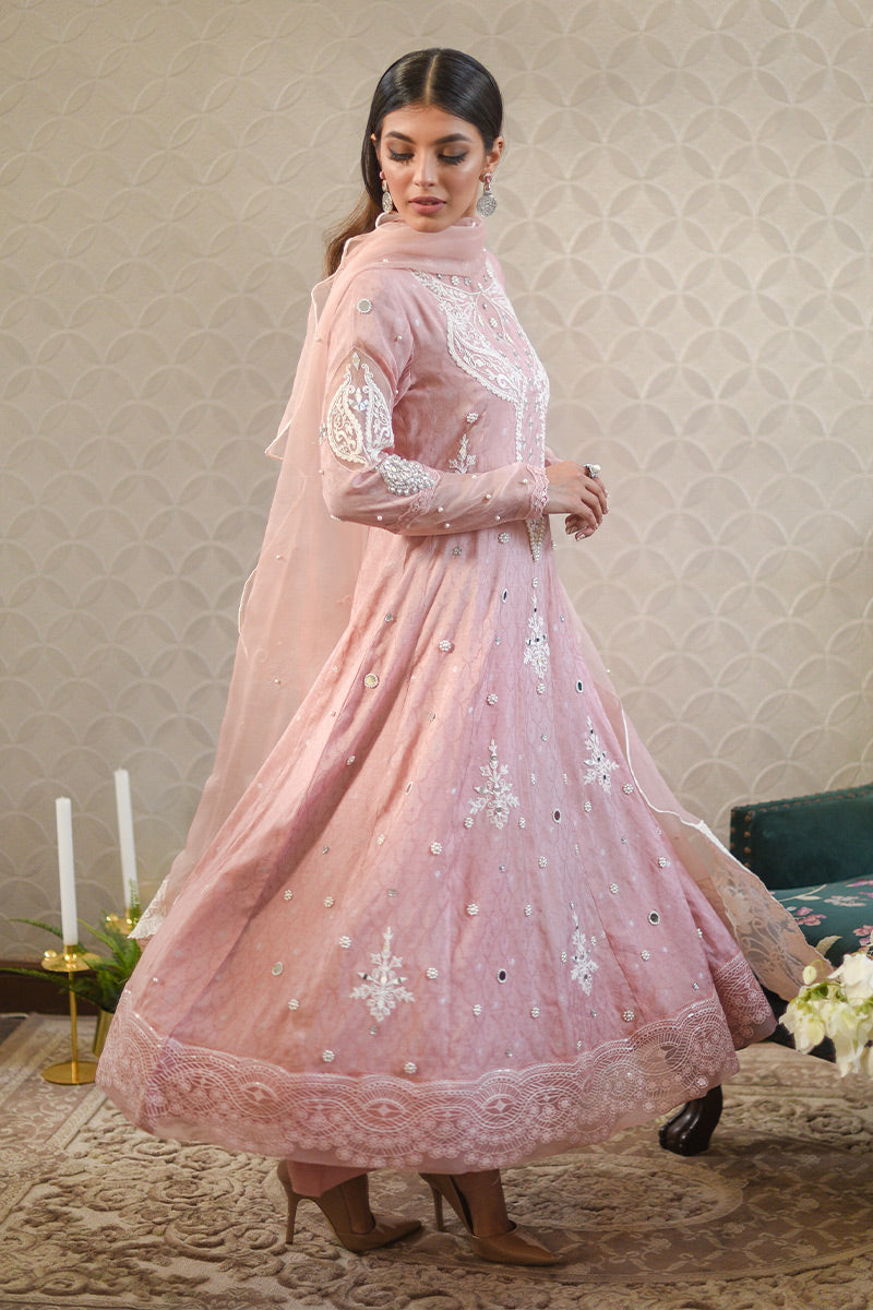 Salmon Pink Mirror Embroidered Cotton Net Kalidar (3-Piece) - Image 5