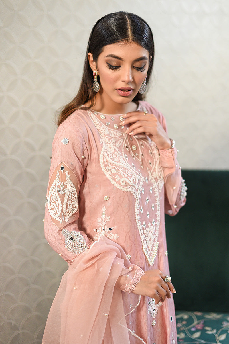 Salmon Pink Mirror Embroidered Cotton Net Kalidar (3-Piece) - Image 6