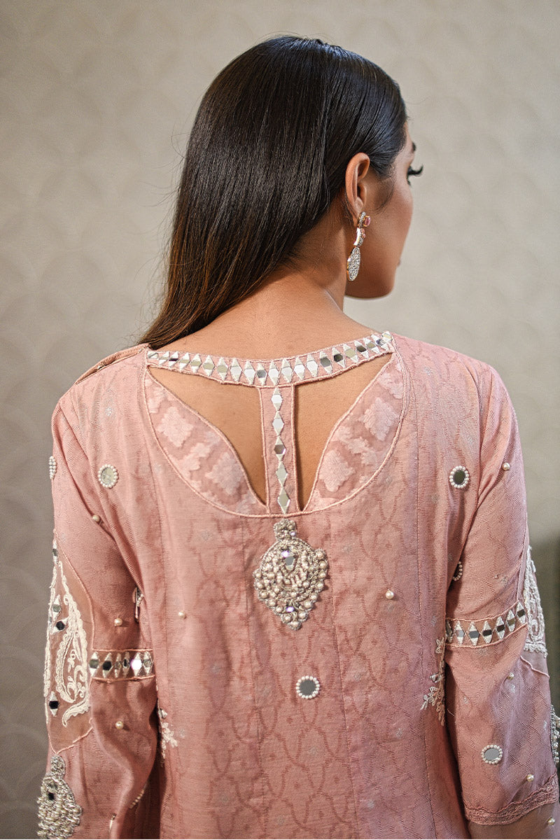 Salmon Pink Embroidered Cotton Net Kalidar (3-Piece) - Image 3