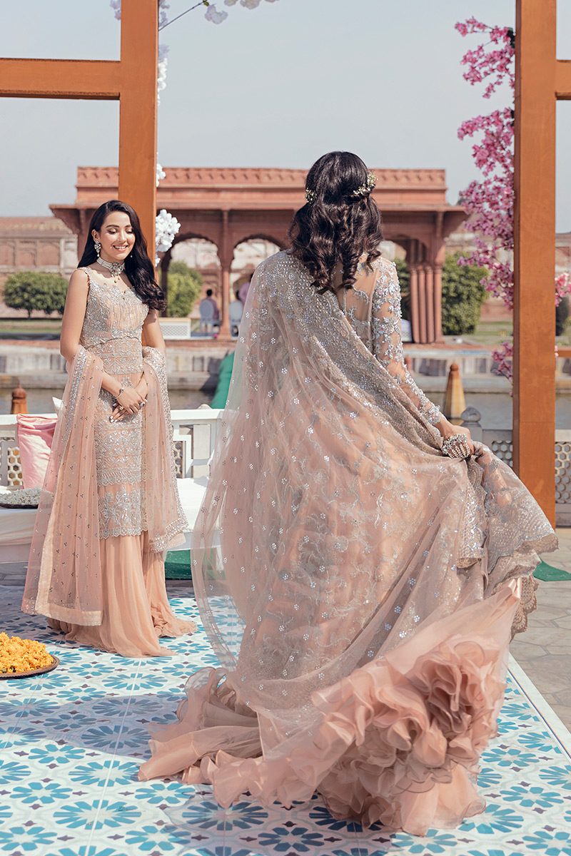 Pakistani Blush Pink Embroidered Net Kalidar Dress (3-Piece) - Image 8