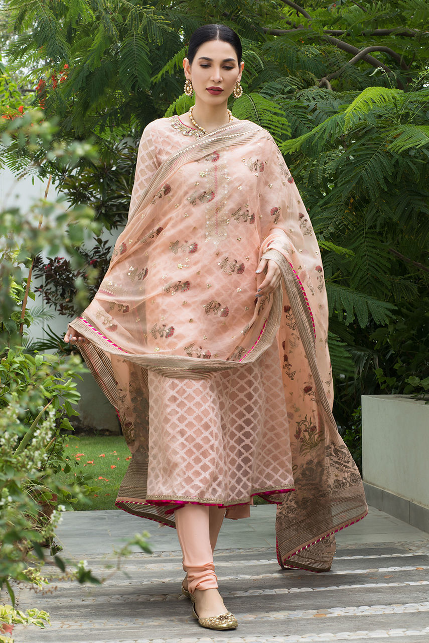 Blush Pink Zardozi Gota Jacquard Kalidar (3-Piece) - Image 1