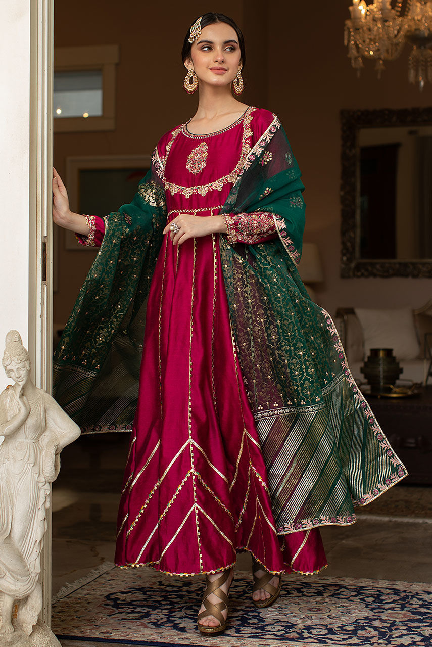 Pakistani Magenta Zardozi Khaadi Net Kalidar (3-Piece) - Image 1