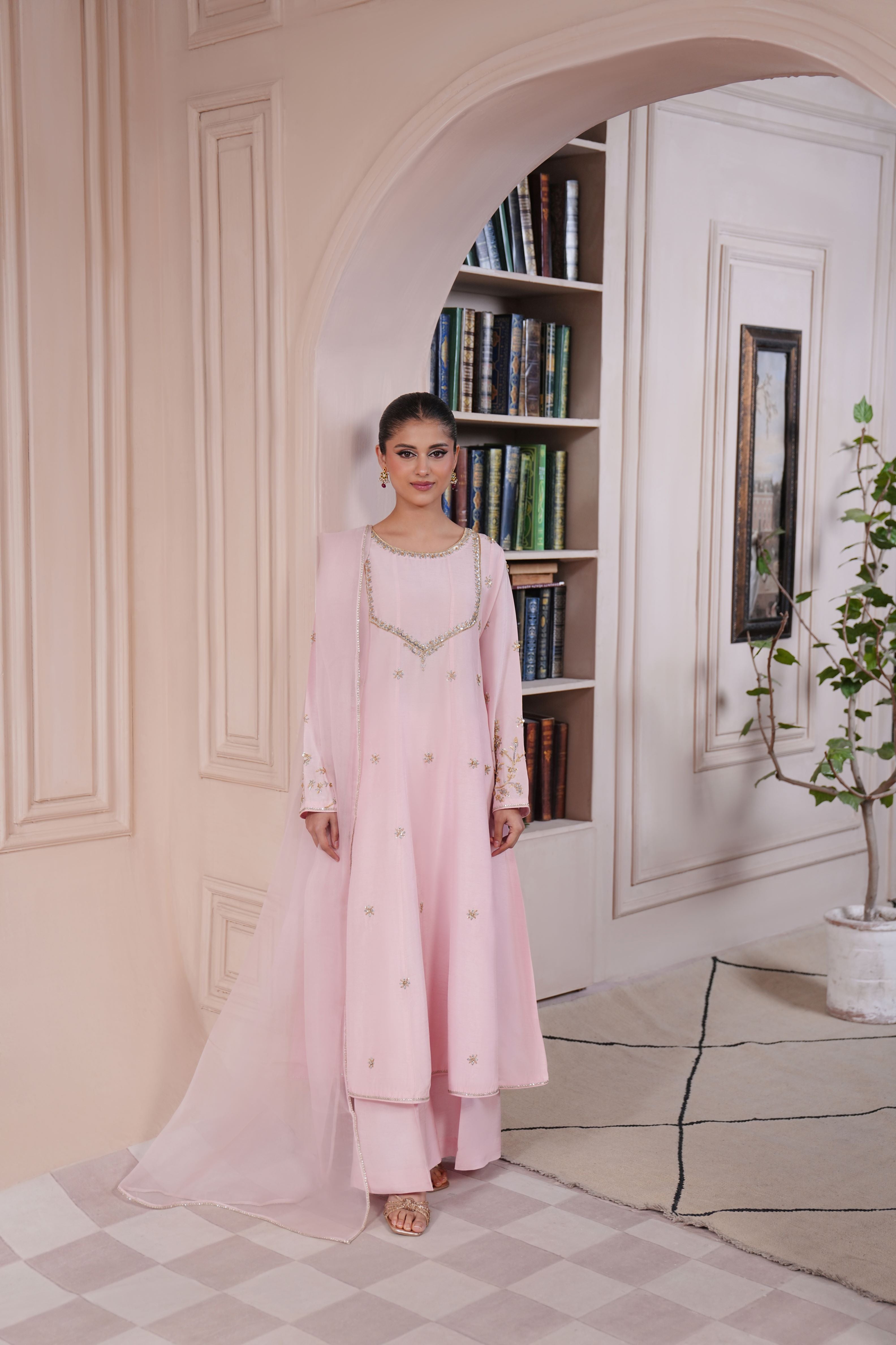 Tea Pink Ada Work Korean Silk Kalidaar (3-Piece) - Image 1