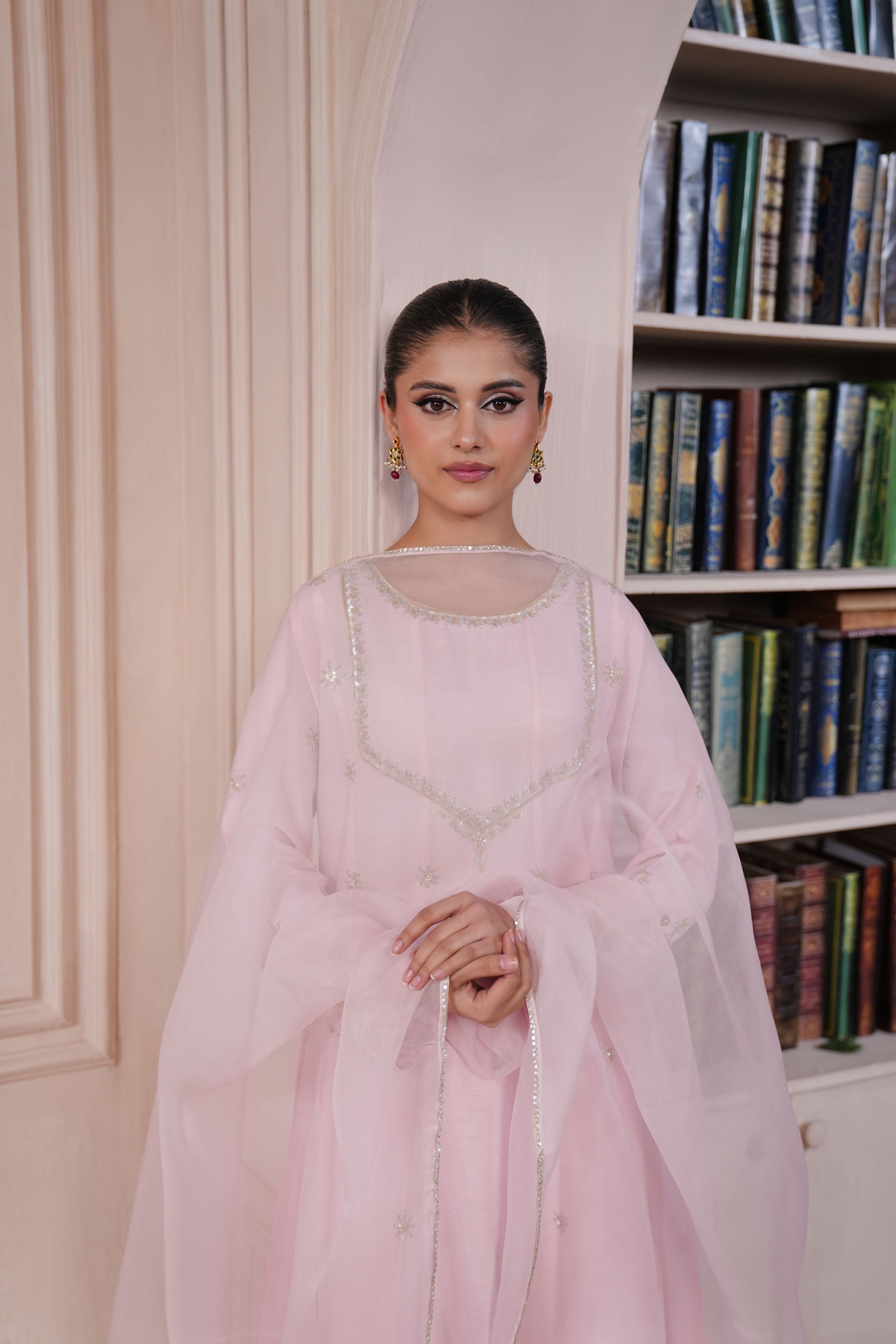 Tea Pink Ada Work Korean Silk Kalidaar (3-Piece) - Image 3