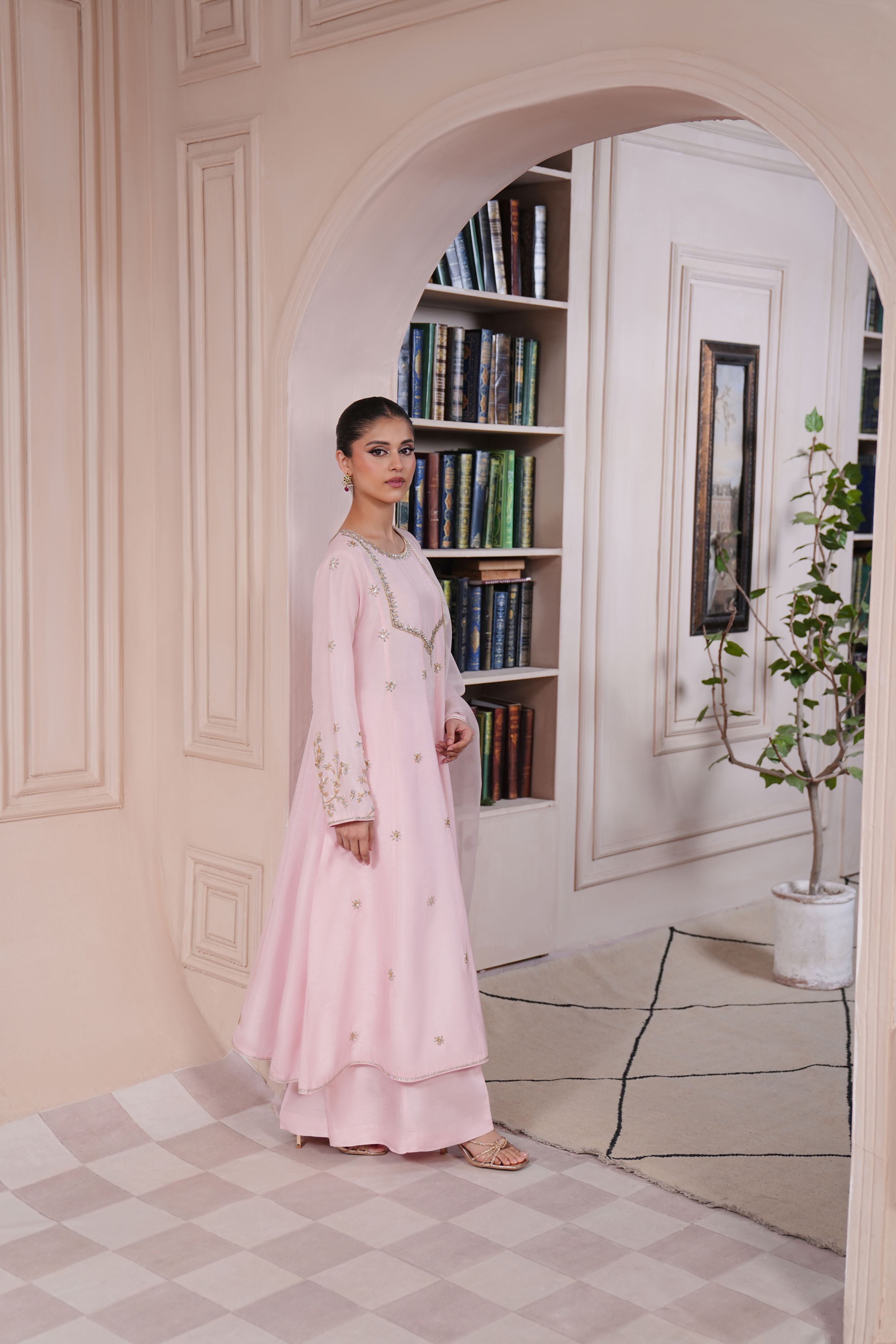 Tea Pink Ada Work Korean Silk Kalidaar (3-Piece) - Image 4