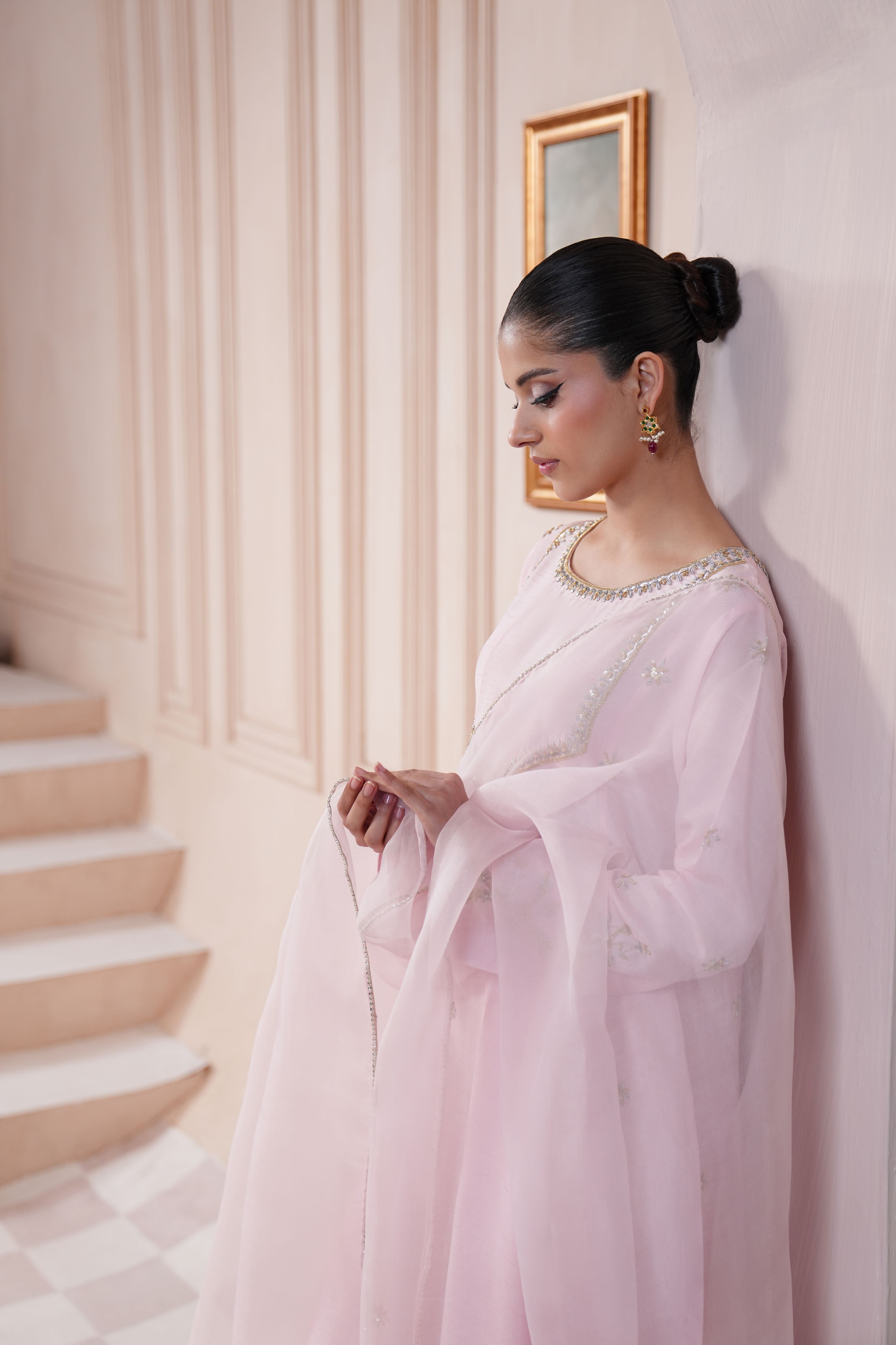 Tea Pink Ada Work Korean Silk Kalidaar (3-Piece) - Image 6