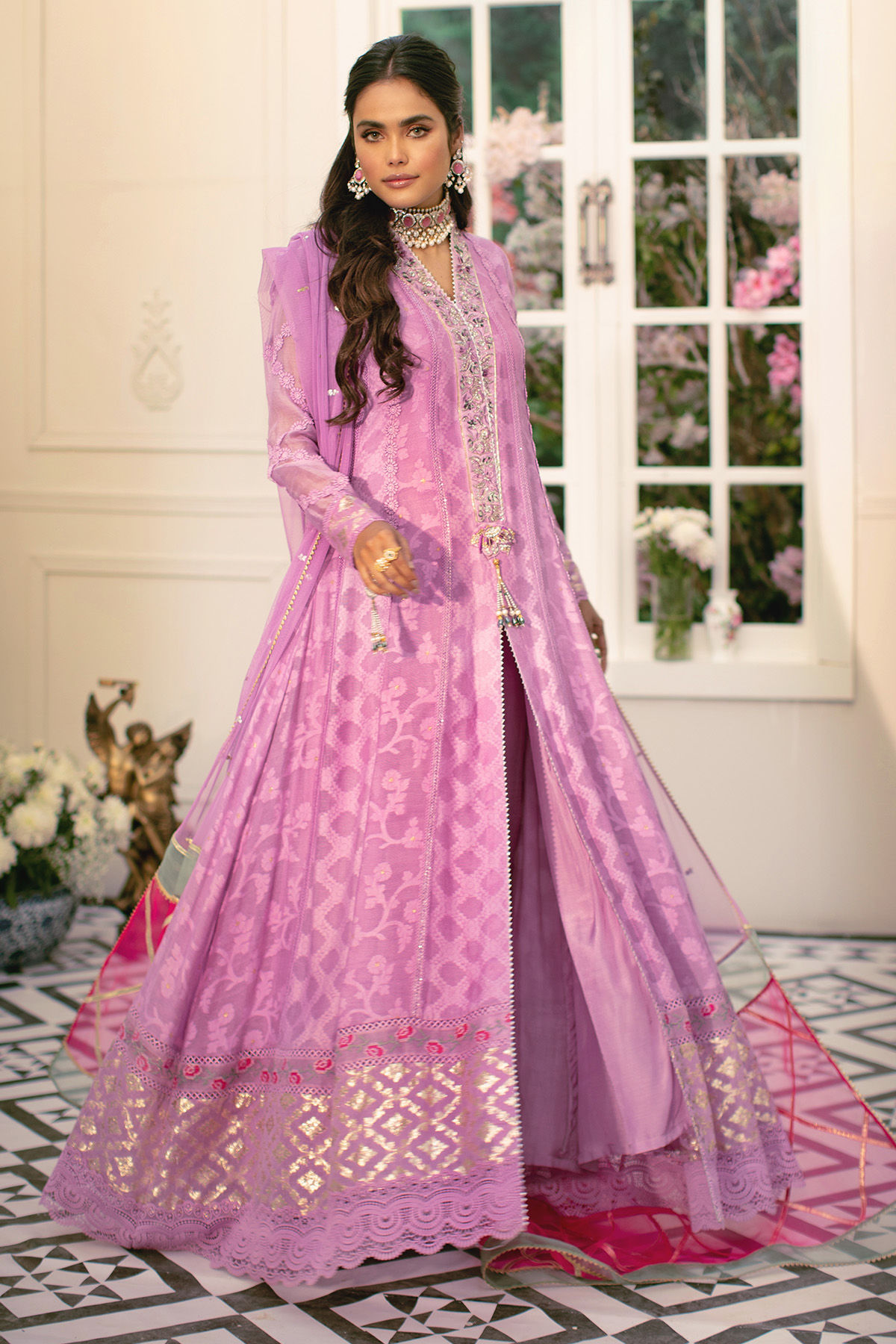 Pakistani Onion Pink Zardozi Lorex Kalidar (3-Piece) - Image 6