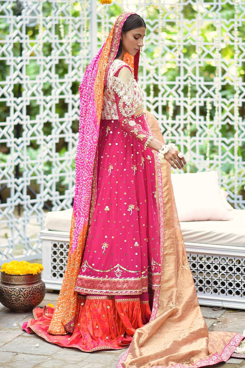 Pakistani Hot Pink Hand-Embellished Net Kalidar (3-Piece) - Image 4