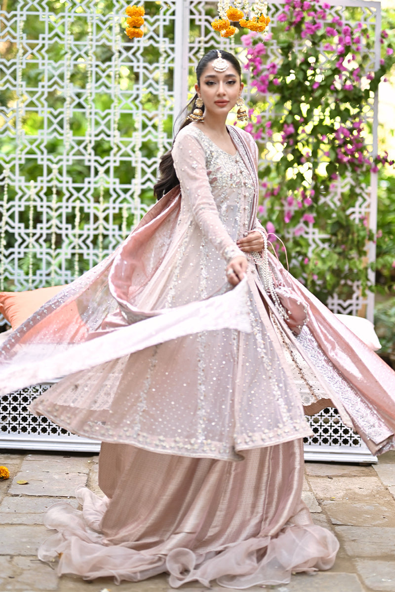 Pakistani Blush Pink Zardozi Net Kalidaar Bridal (3-Piece) - Image 1