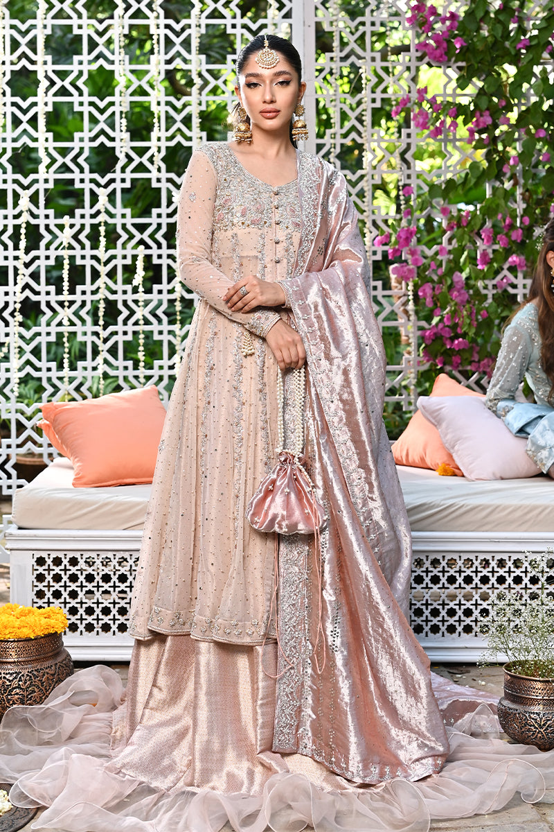 Pakistani Blush Pink Zardozi Net Kalidaar Bridal (3-Piece) - Image 2