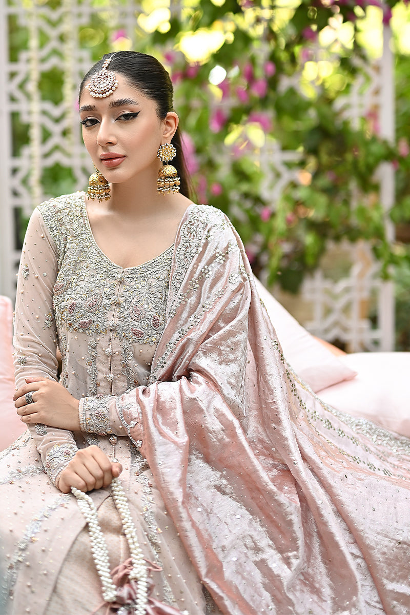 Pakistani Blush Pink Zardozi Net Kalidaar Bridal (3-Piece) - Image 5