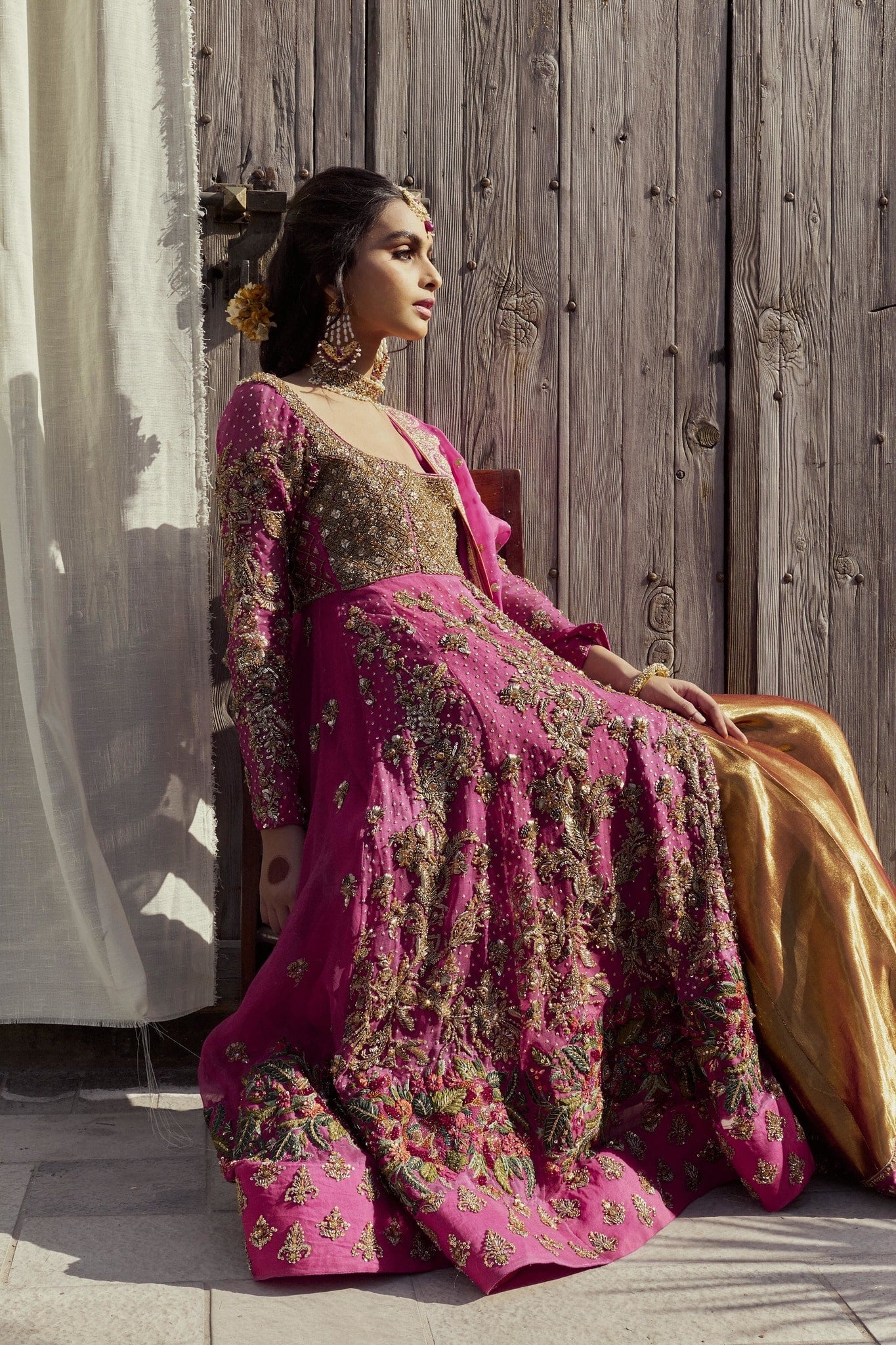 Pink Hand-Embellished Net Kalidar Bridal Dress (2-Piece) - Image 2